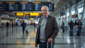 homme d’une quarantaine d’années à l’aéroport, prêt à entamer un nouveau départ vers le québec. (1)