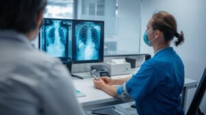 image d’un médecin effectuant une radiographie ou un test sanguin dans un cabinet moderne. (1)