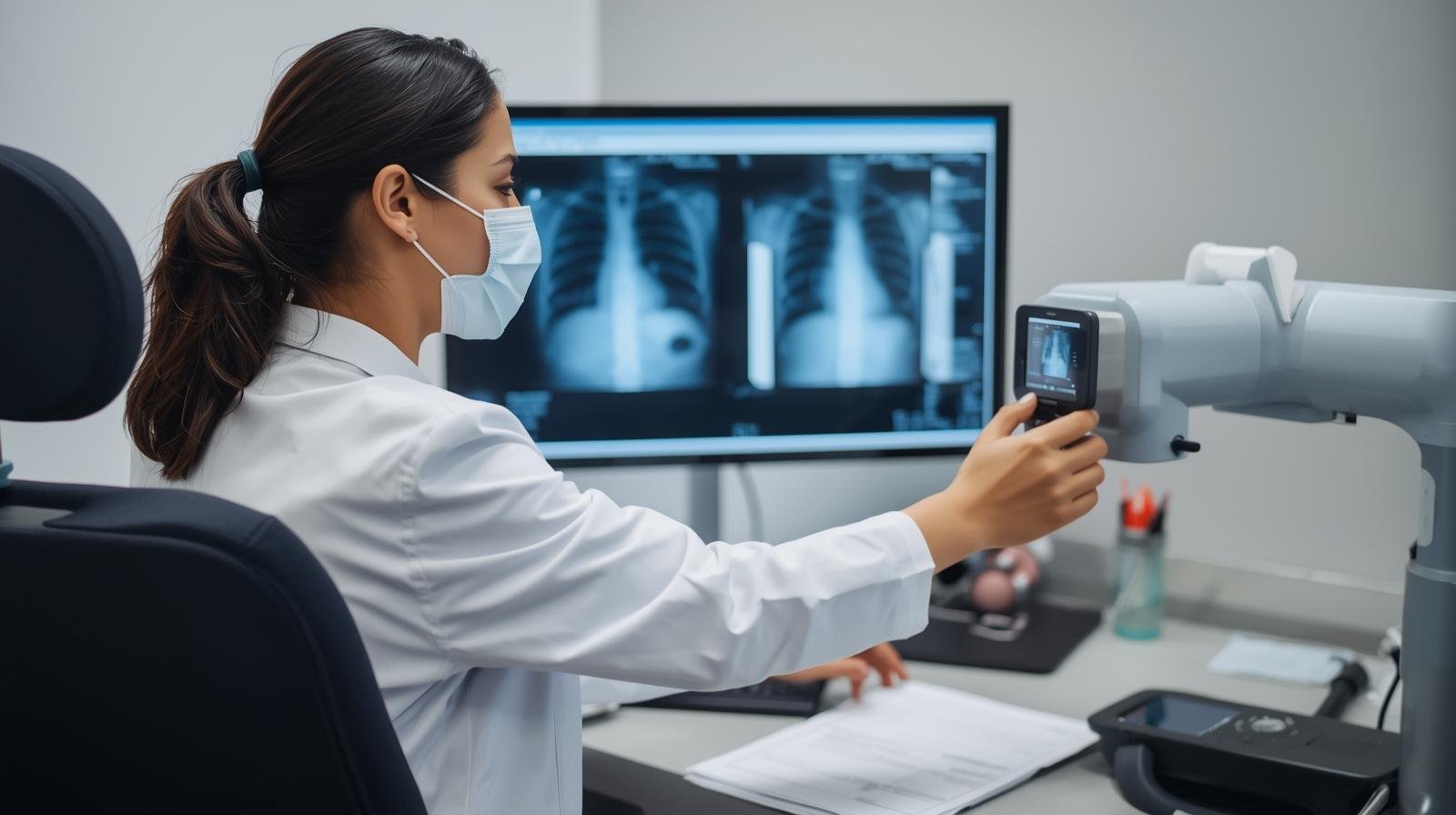 image d’un médecin effectuant une radiographie ou un test sanguin dans un cabinet moderne.