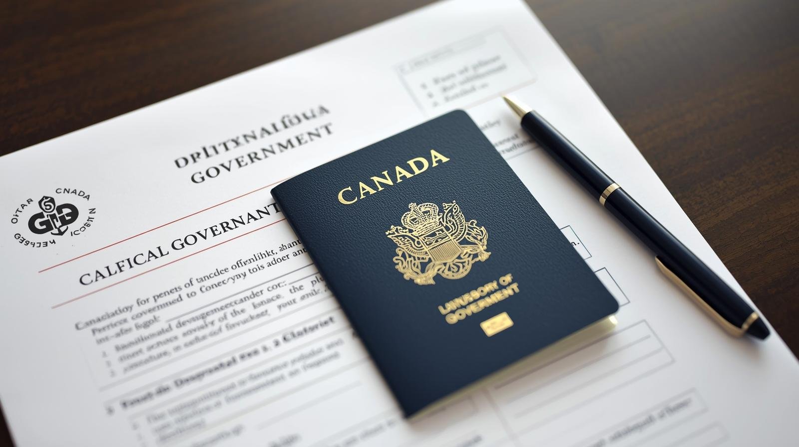 image d’un passeport canadien posé sur une table, à côté d’un formulaire officiel du gouvernement du québec et d’un stylo.