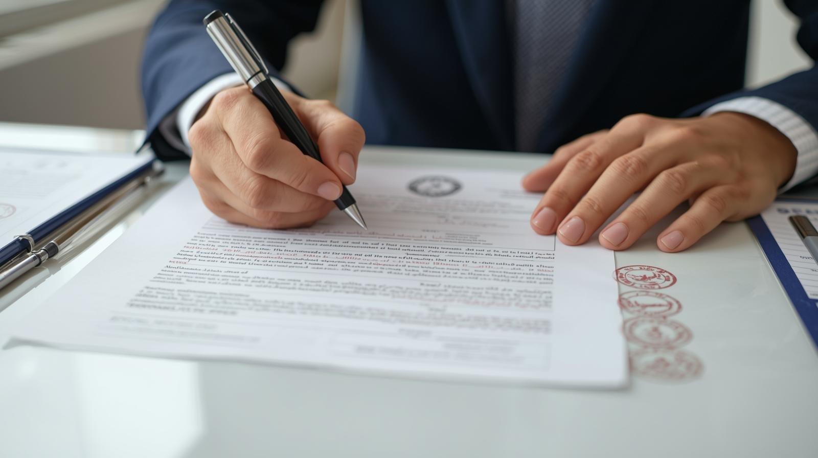 image d’un traducteur professionnel travaillant sur des documents officiels, avec des tampons et cachets visibles.