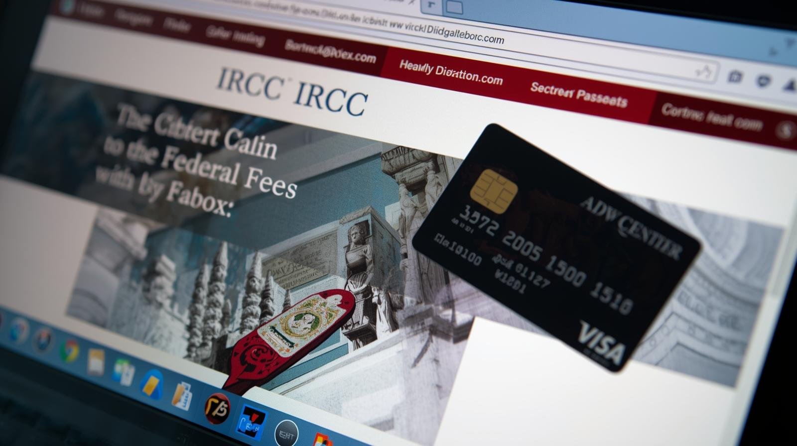 photo d’un ordinateur affichant le site ircc avec une carte bancaire à côté, symbolisant le paiement en ligne des frais fédéraux.