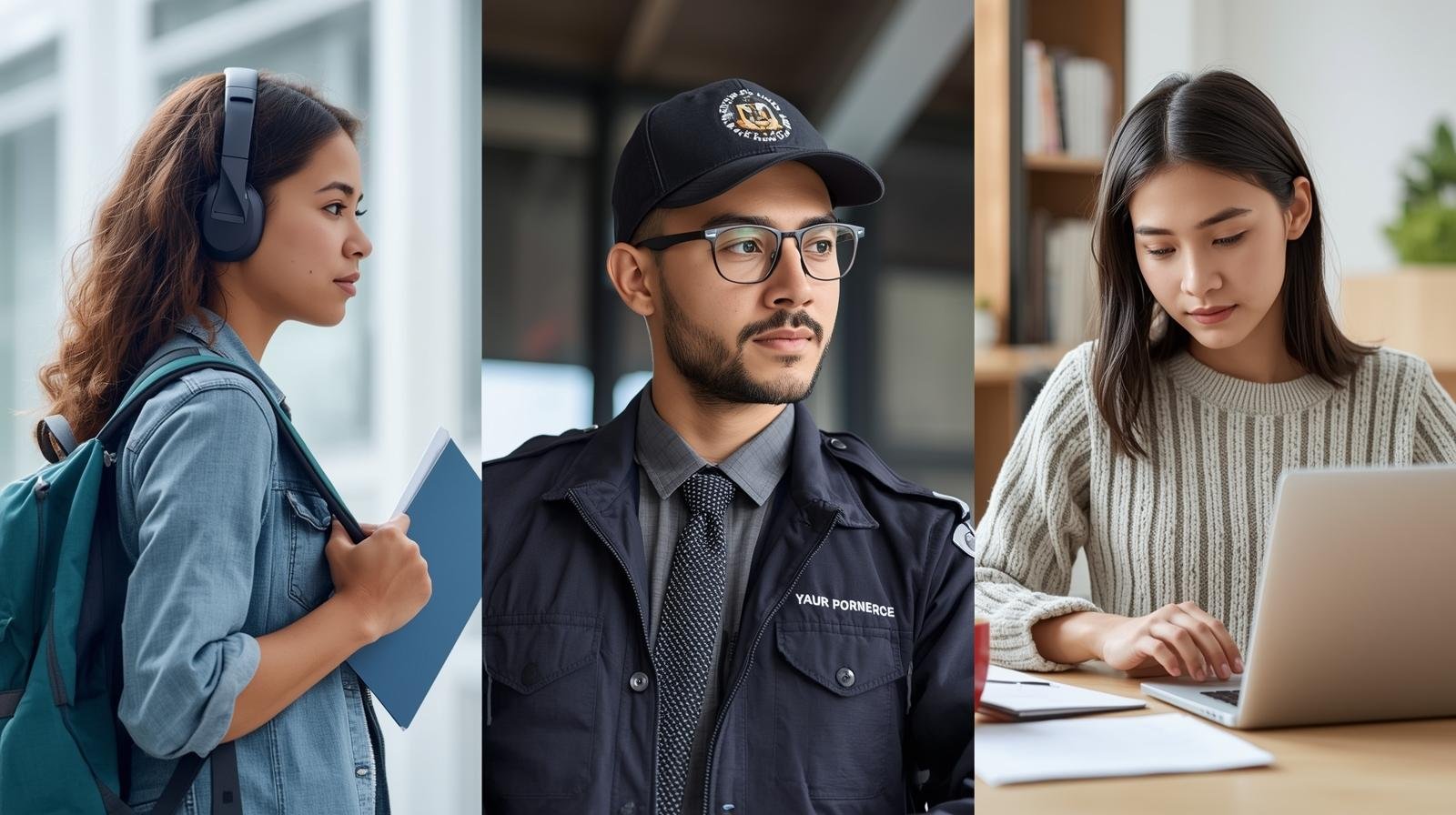 trois profils côte à côte — un étudiant avec un sac à dos, un travailleur en uniforme et une jeune femme en télétravail — symbolisant les différentes stratégies selon le parcours de chacun.