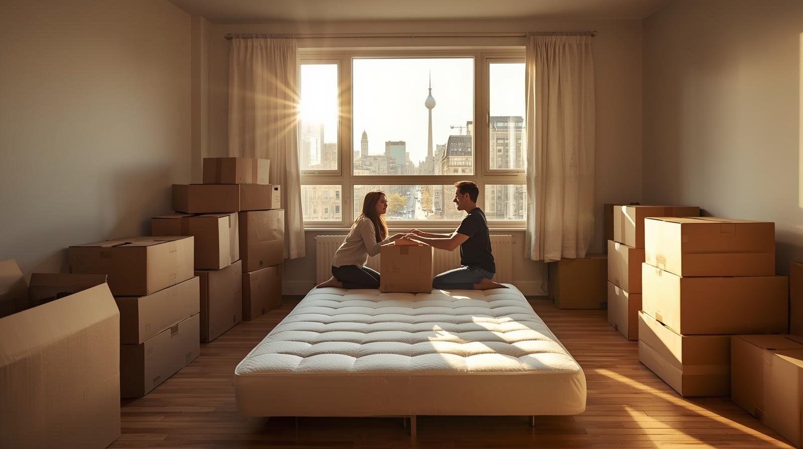 un appartement vide avec des cartons ouverts, un matelas au sol et un couple qui installe ses premiers meubles.