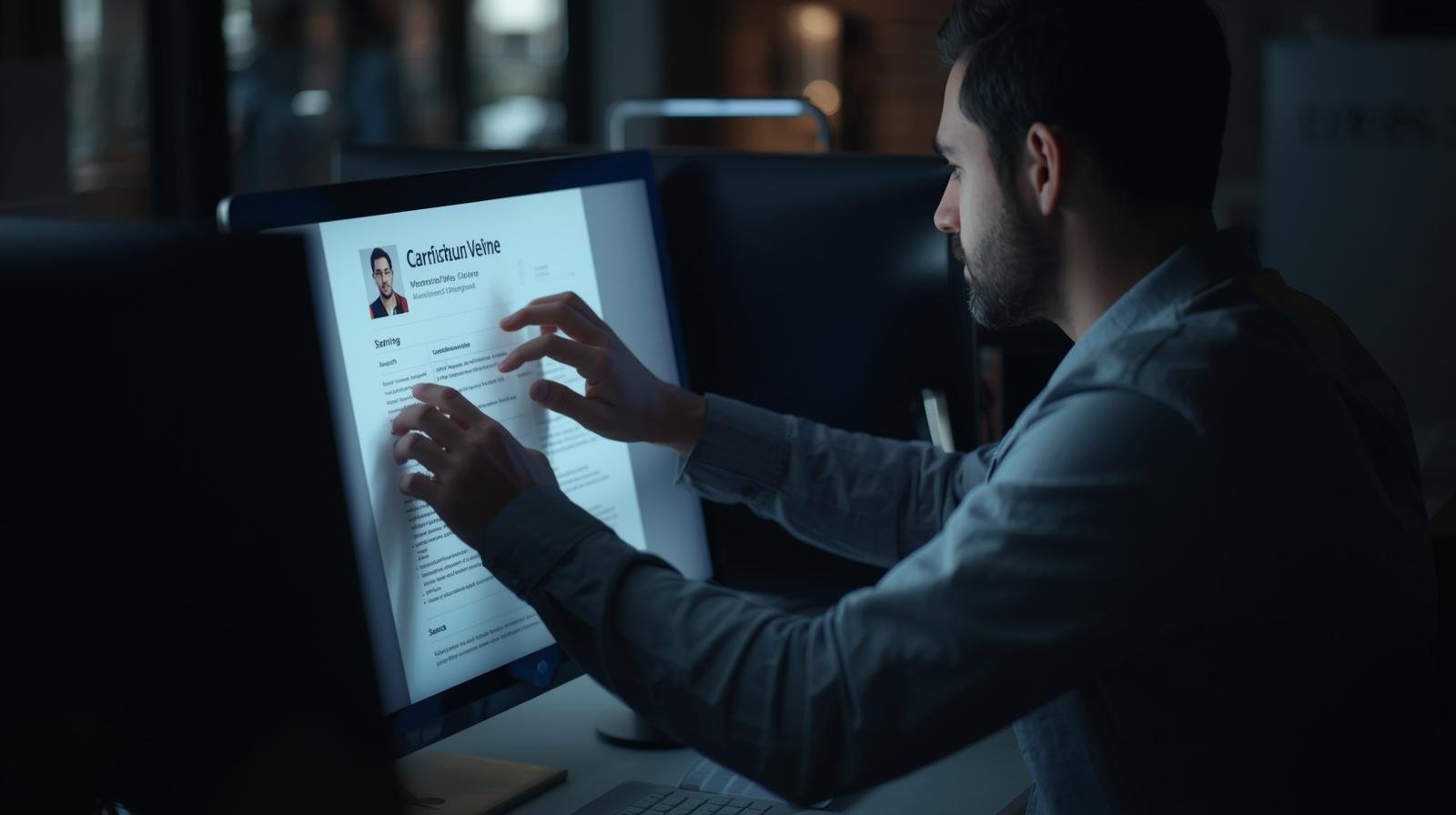 un candidat concentré devant son ordinateur, ajustant la mise en page de son cv (1)