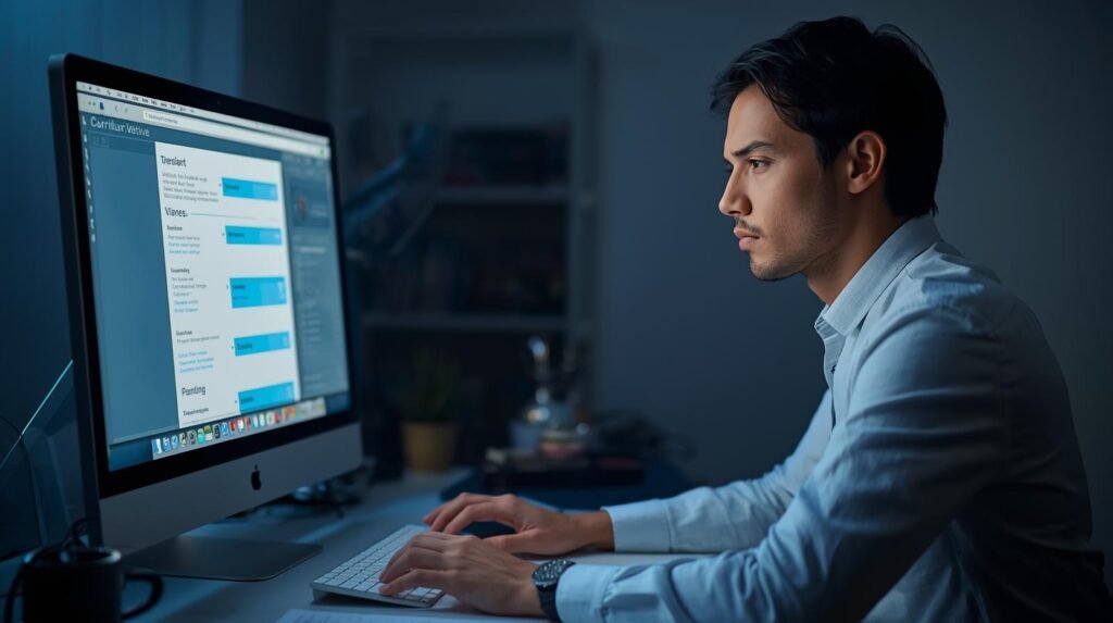 un candidat concentré devant son ordinateur, ajustant la mise en page de son cv