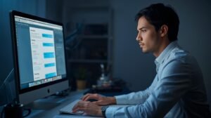 un candidat concentré devant son ordinateur, ajustant la mise en page de son cv