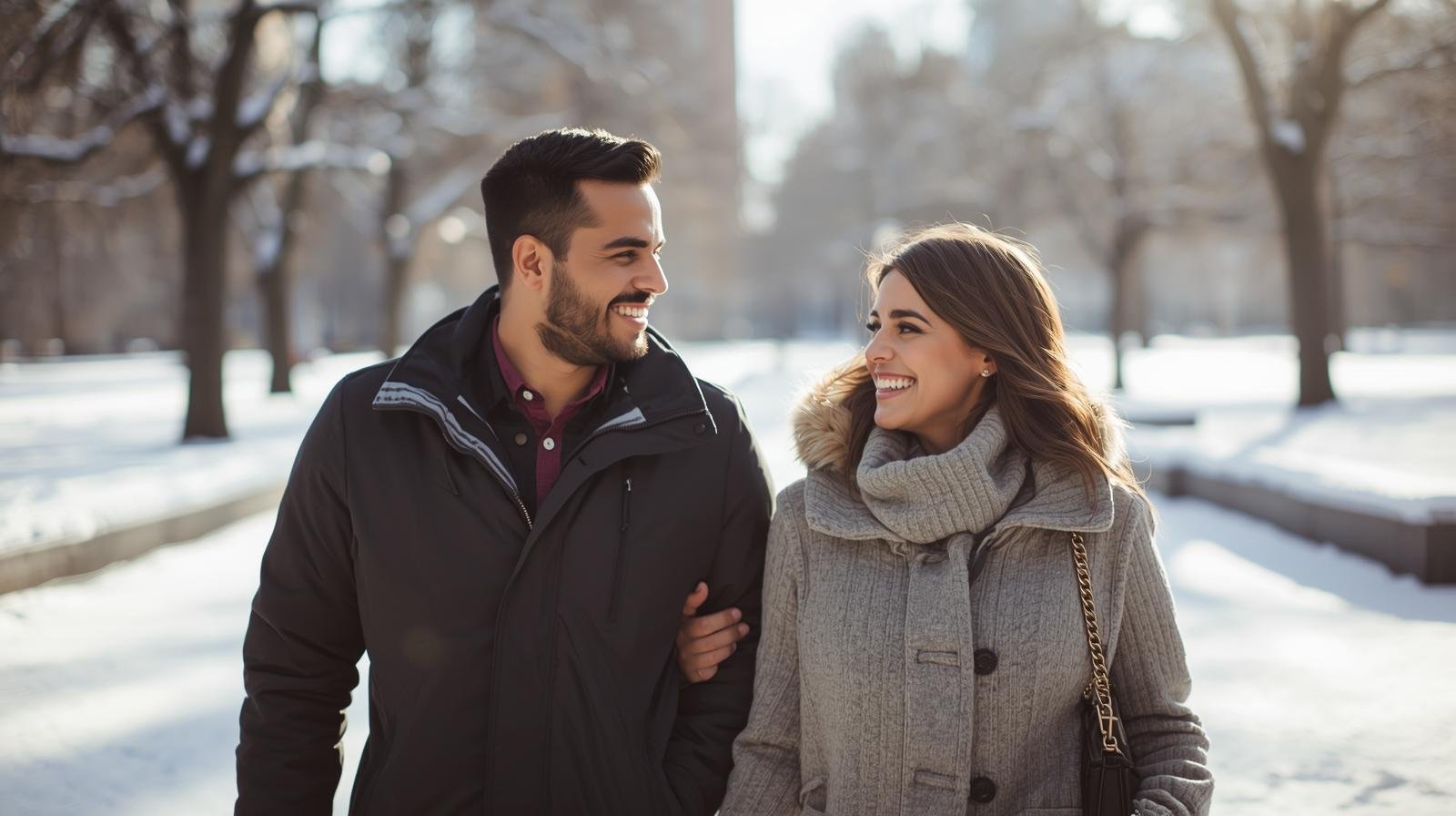 un couple multiculturel riant ensemble en marchant dans un parc enneigé à montréal, illustrant la complicité et le respect mutuel.