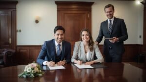 un couple signant des documents officiels dans un bureau de mariage civil, avec un célébrant souriant à côté. (1)