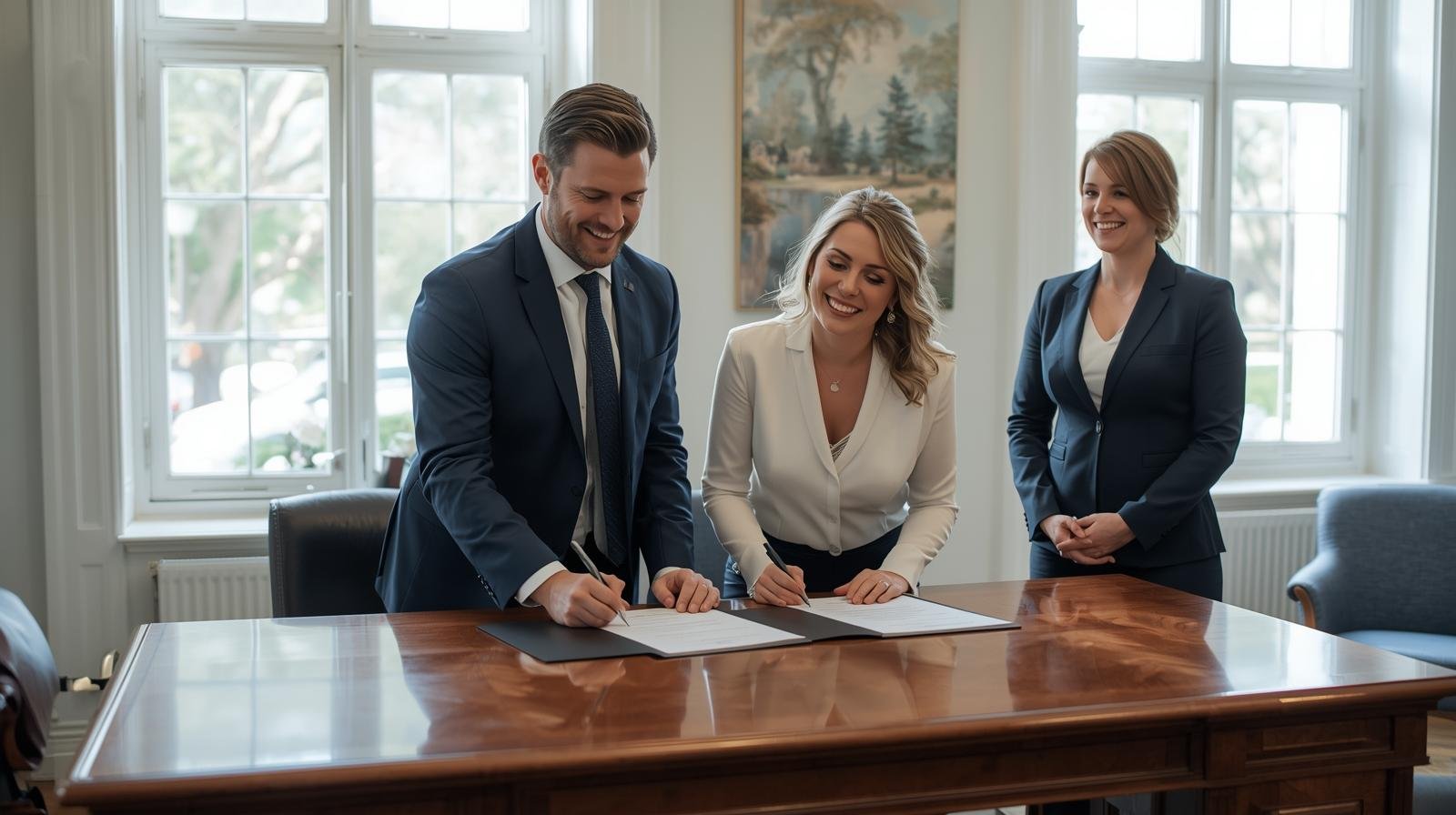 un couple signant des documents officiels dans un bureau de mariage civil, avec un célébrant souriant à côté.