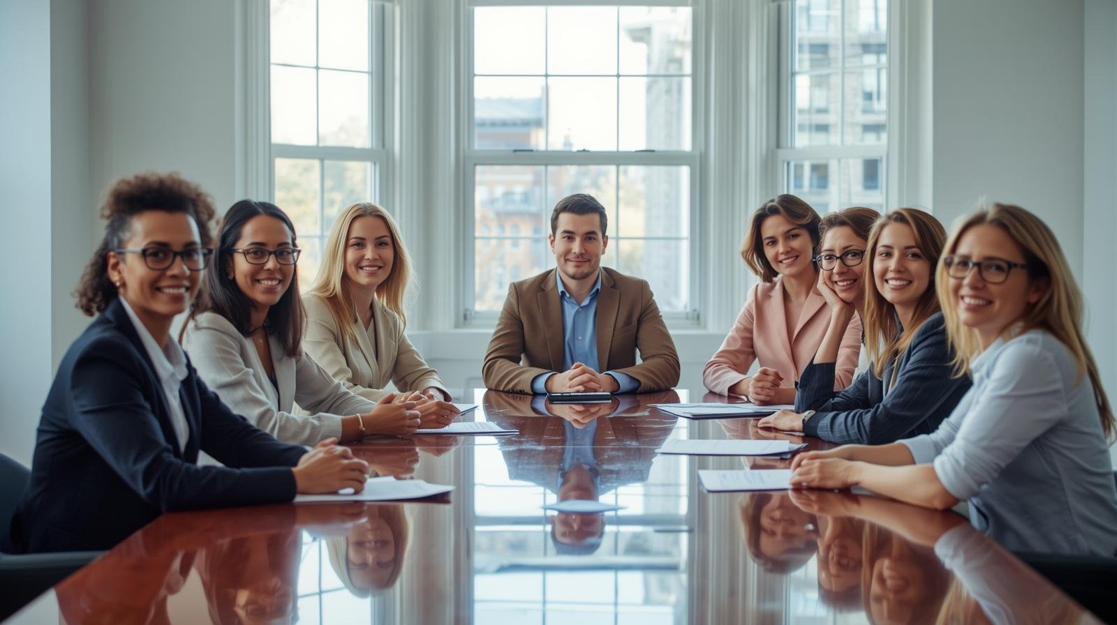 un groupe de travailleurs d’origines diverses dans un bureau moderne de montréal, assis autour d’une table de réunion.