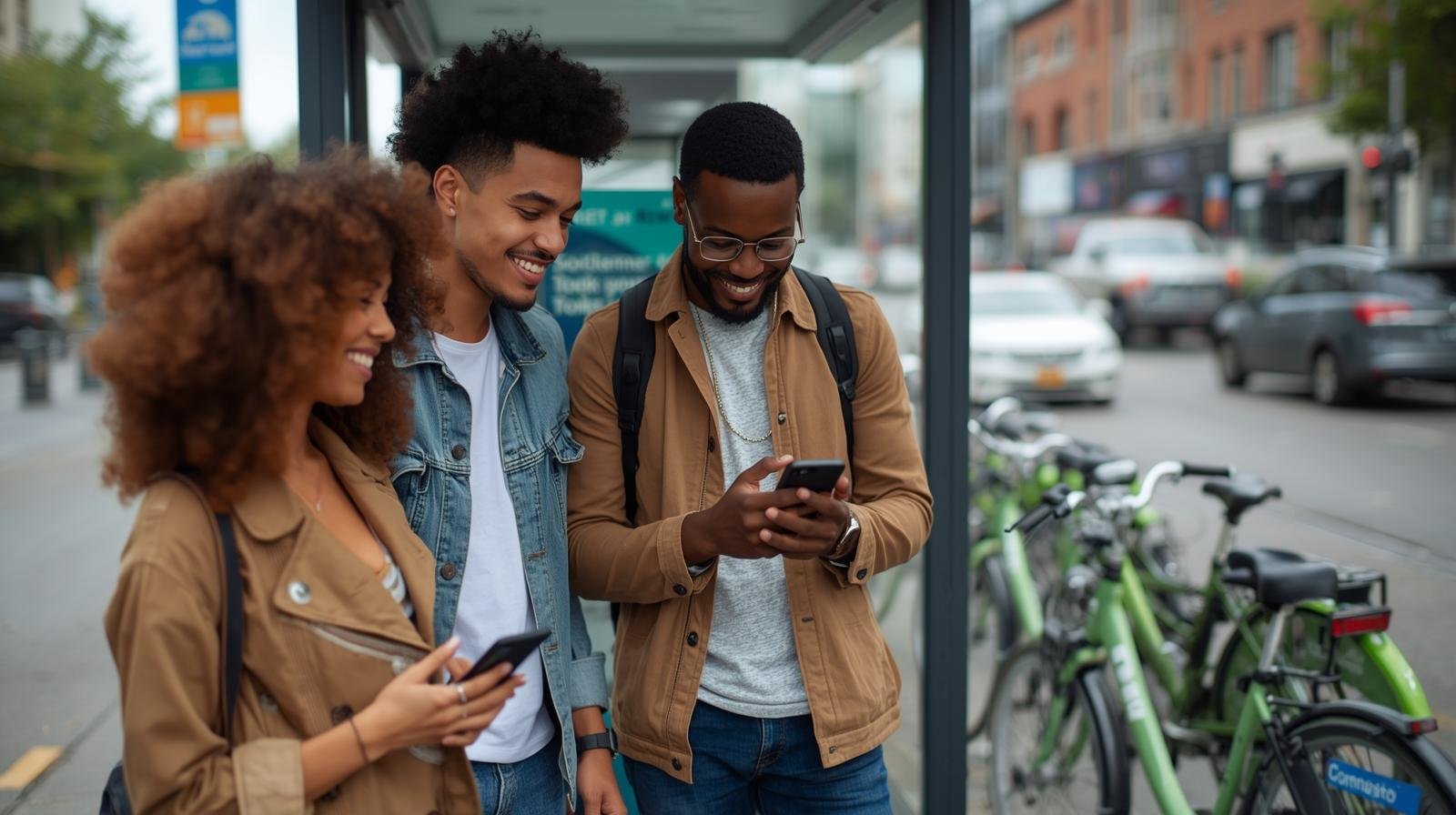 un jeune couple attend un autobus à montréal, souriant
