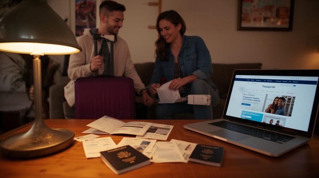 un jeune couple prépare ses valises avant un grand départ)