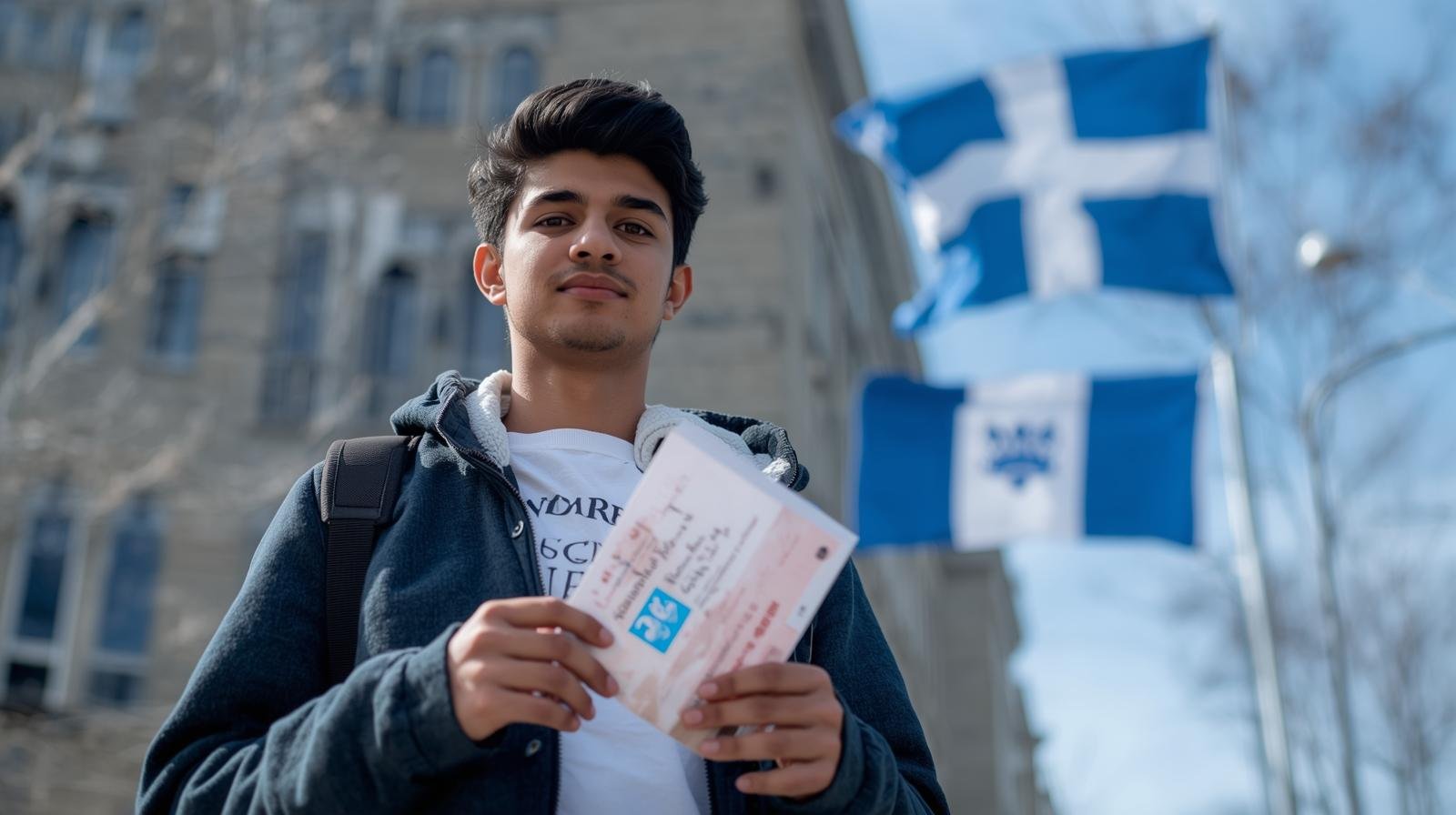 un jeune travailleur étranger devant un immeuble de montréal, tenant son permis de travail dans la main, symbole du statut temporaire. en arrière plan, un drapeau du québec flottant sur un ciel clair. (1)