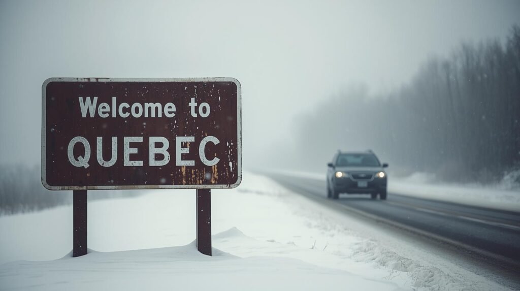 đ Conduire au QuĂ©bec sans stress : les secrets que personne ne te dit vraiment un panneau âbienvenue au quĂ©becâ sur une route enneigĂ©e avec une voiture en arriĂšre plan. (1)