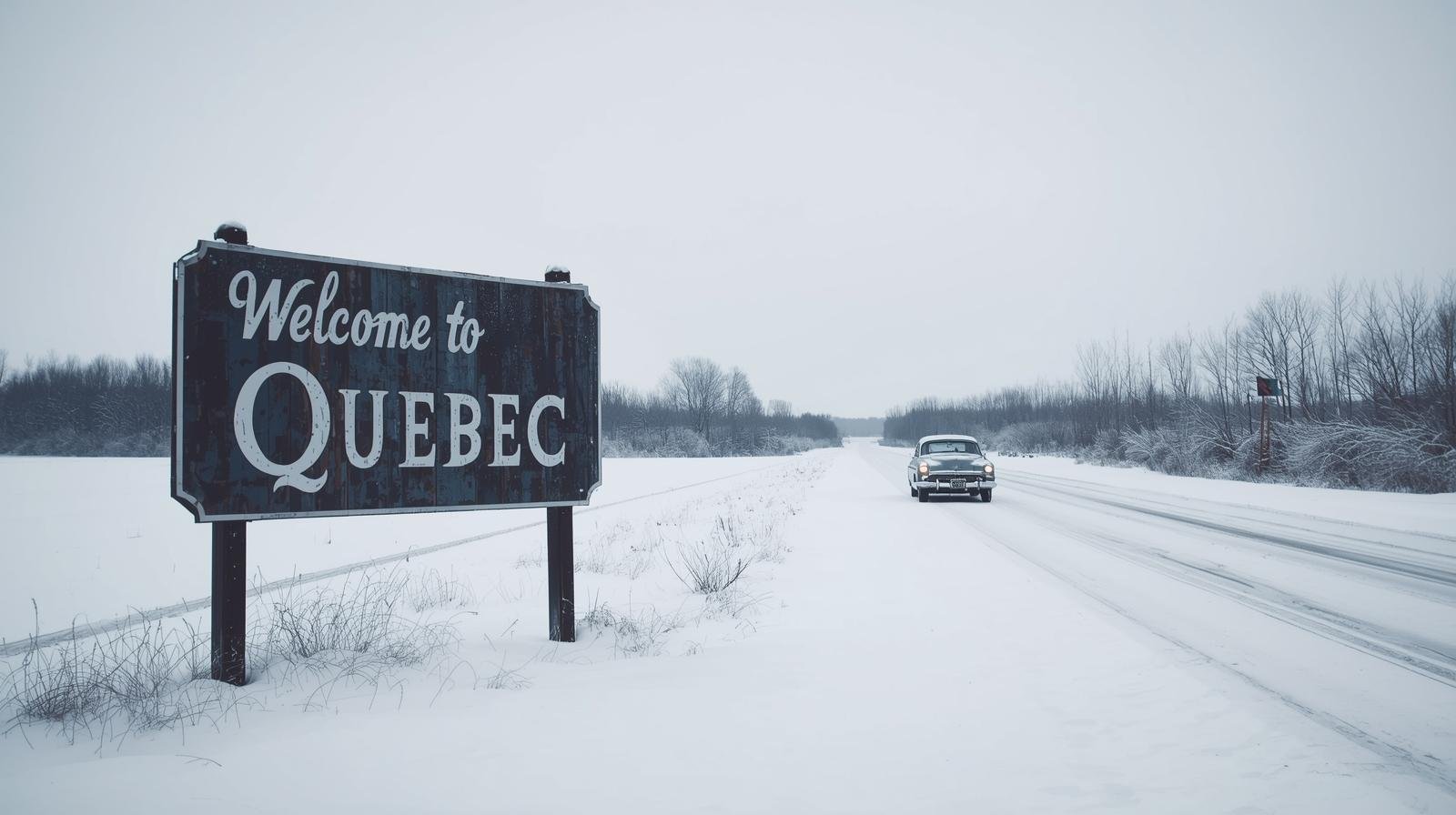 đ Conduire au QuĂ©bec sans stress : les secrets que personne ne te dit vraiment un panneau âbienvenue au quĂ©becâ sur une route enneigĂ©e avec une voiture en arriĂšre plan.