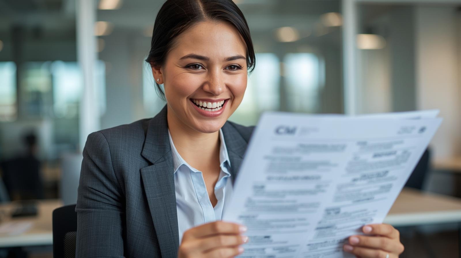 un recruteur québécois souriant, lisant un cv clair et bien présenté.