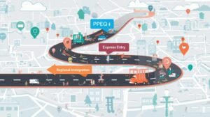 un tableau de route indiquant plusieurs directions “peq”, “prtq”, “immigration régionale”, “entrée express”, représentant les différents chemins vers la résidence permanente au québec. (1)