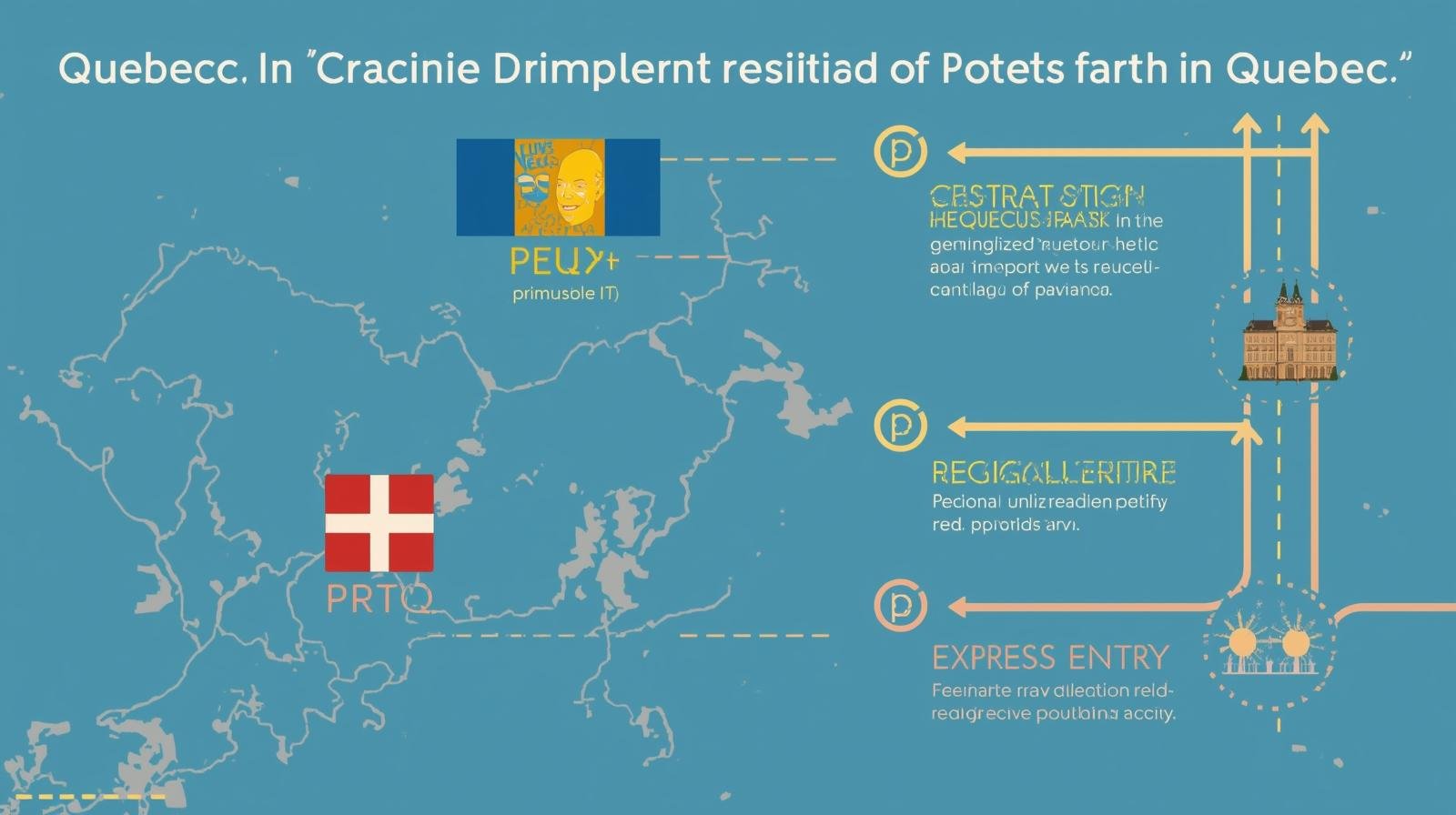 un tableau de route indiquant plusieurs directions “peq”, “prtq”, “immigration régionale”, “entrée express”, représentant les différents chemins vers la résidence permanente au québec.