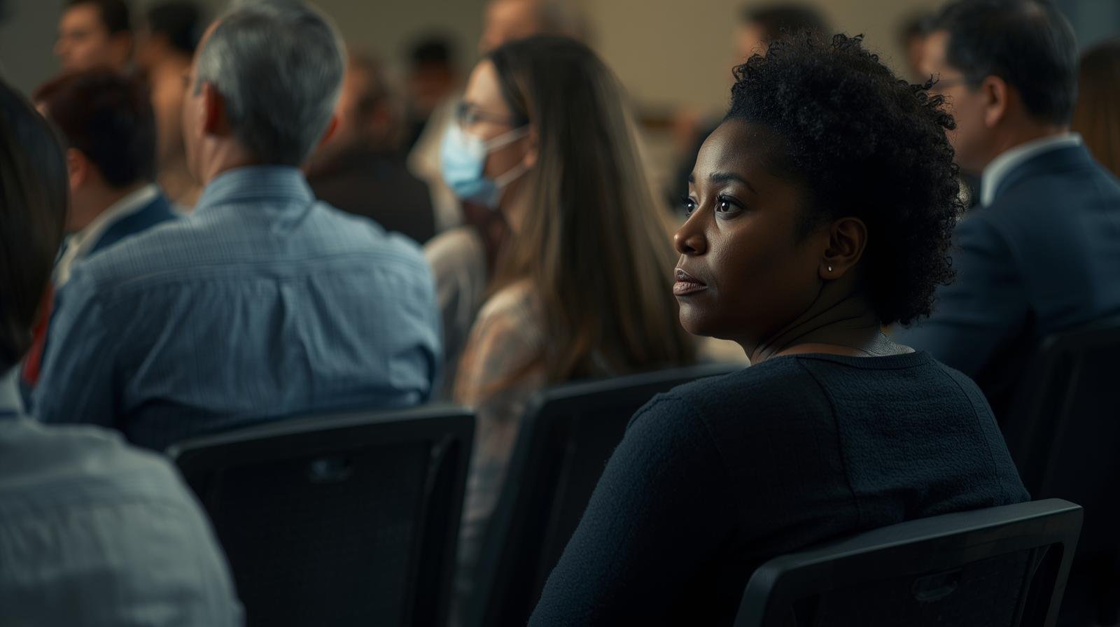 une employée racisée participe à une réunion où tout le monde parle sauf elle.