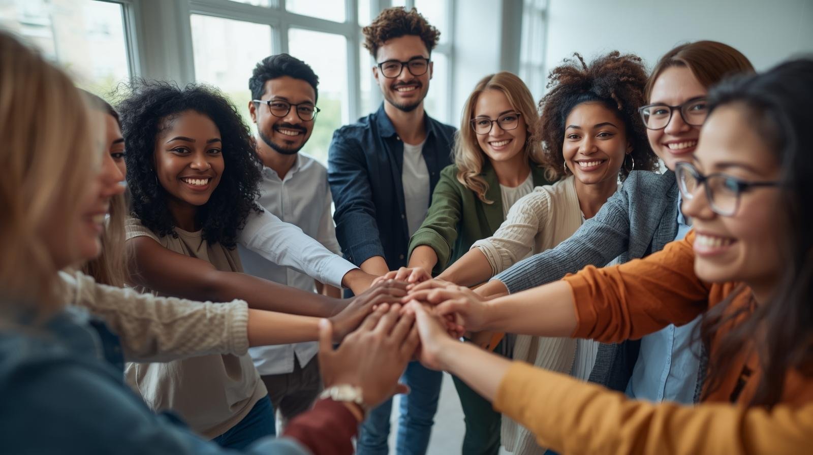 une équipe multiculturelle se tient debout, souriante, dans un espace de travail collaboratif.