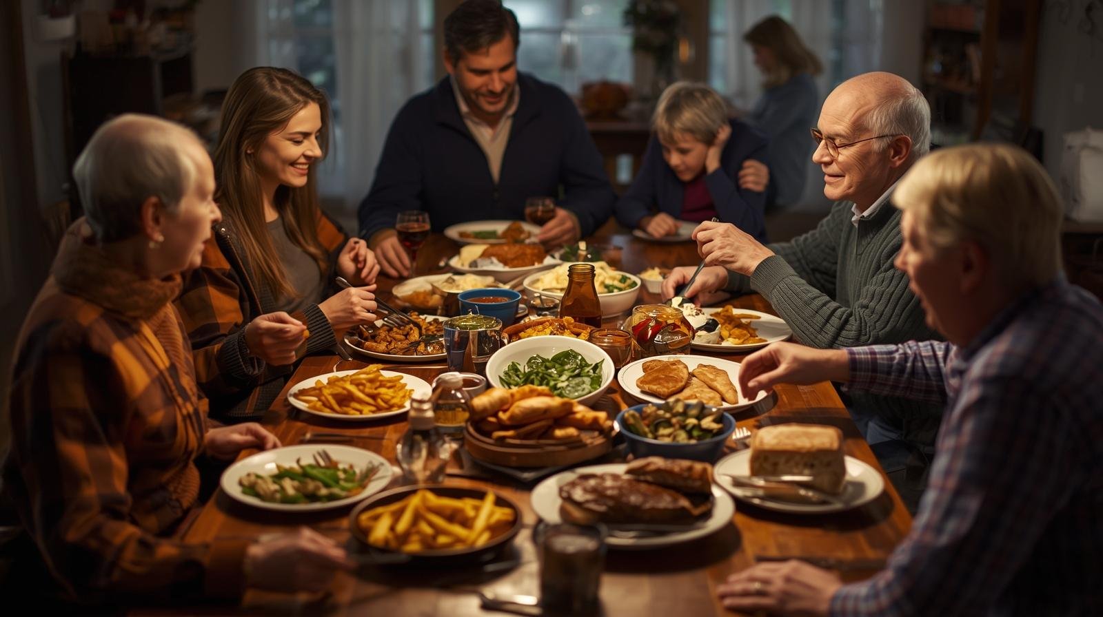 une famille autour d’une table, mélangeant plats traditionnels et québécois.
