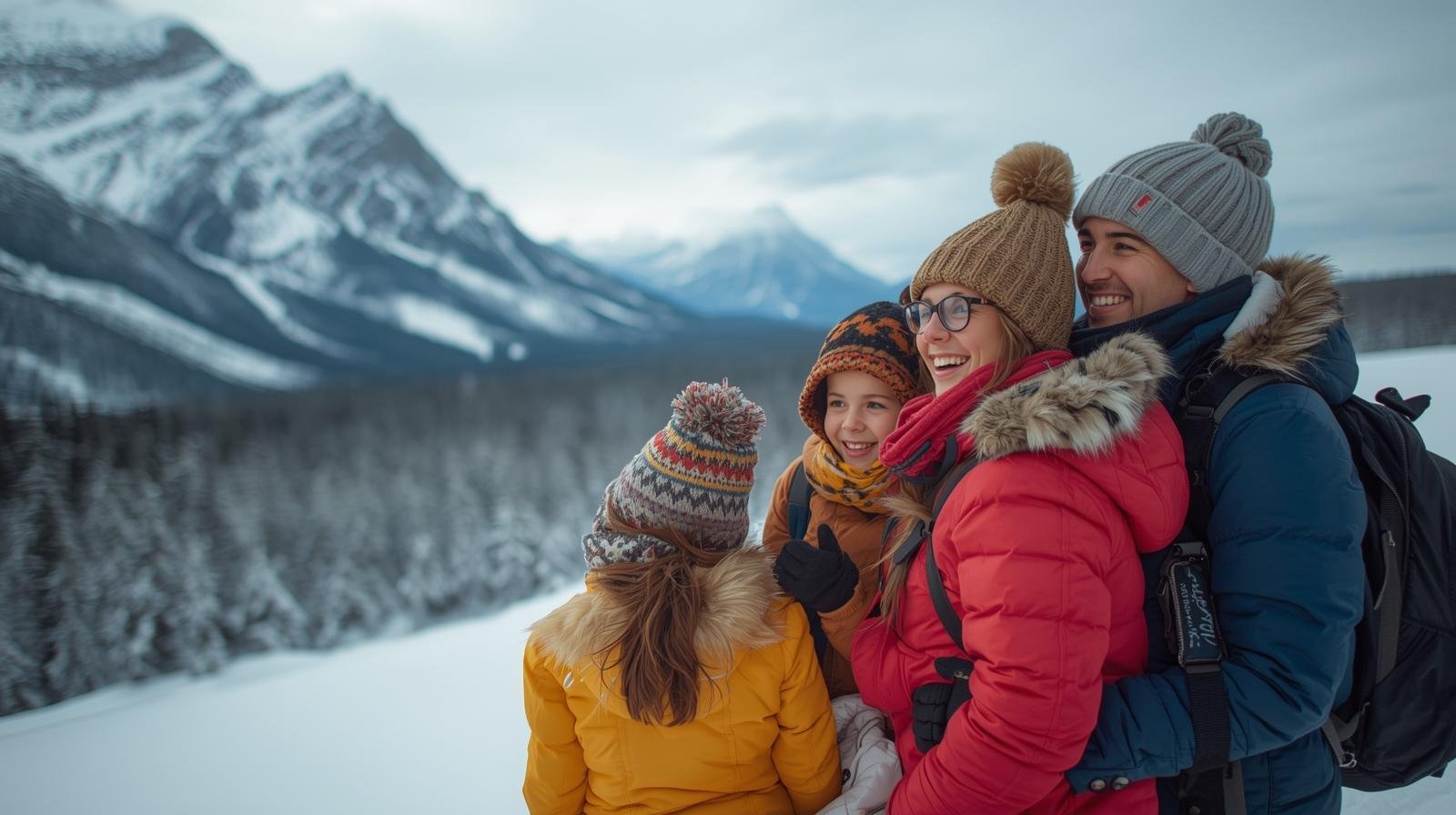 une famille française souriante découvrant les paysages enneigés du canada, emmitouflée dans des manteaux d’hiver, représentant le rêve d’une nouvelle vie et la réussite de l’intégration au québec.