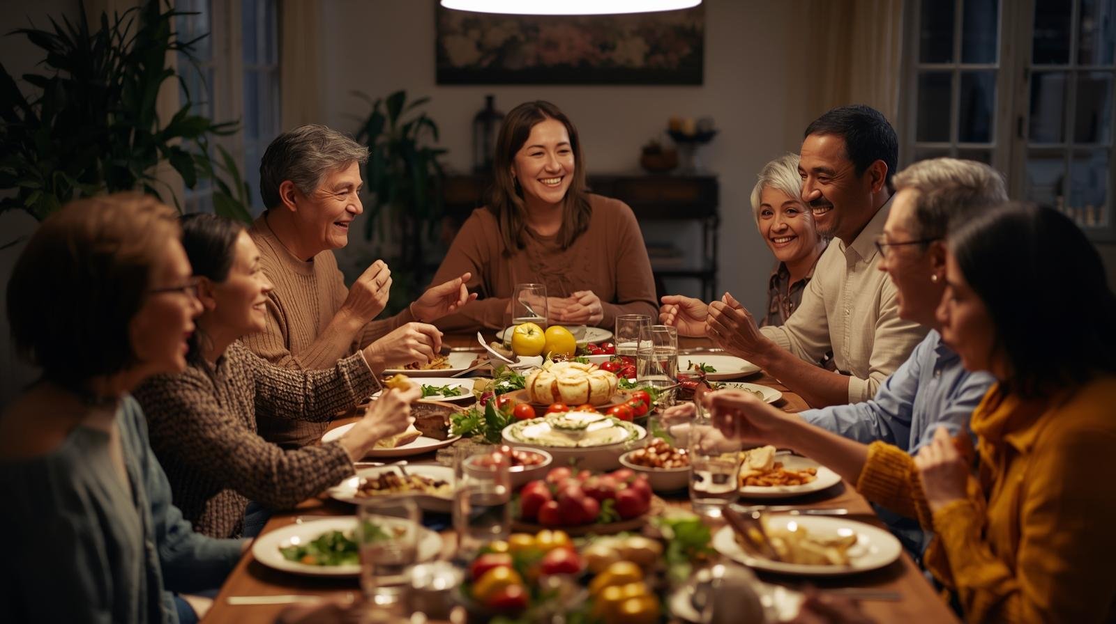 une famille multiculturelle partageant un repas autour d’une grande table, avec des échanges chaleureux et des sourires.