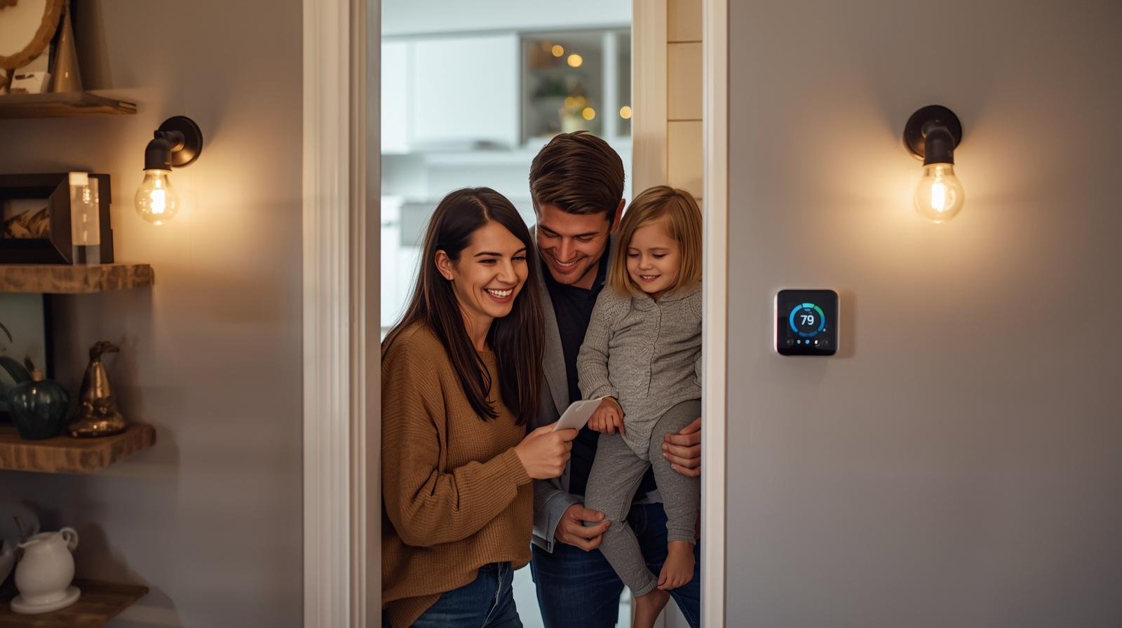 une famille québécoise souriante décore un petit appartement lumineux et bien organisé, avec des ampoules led