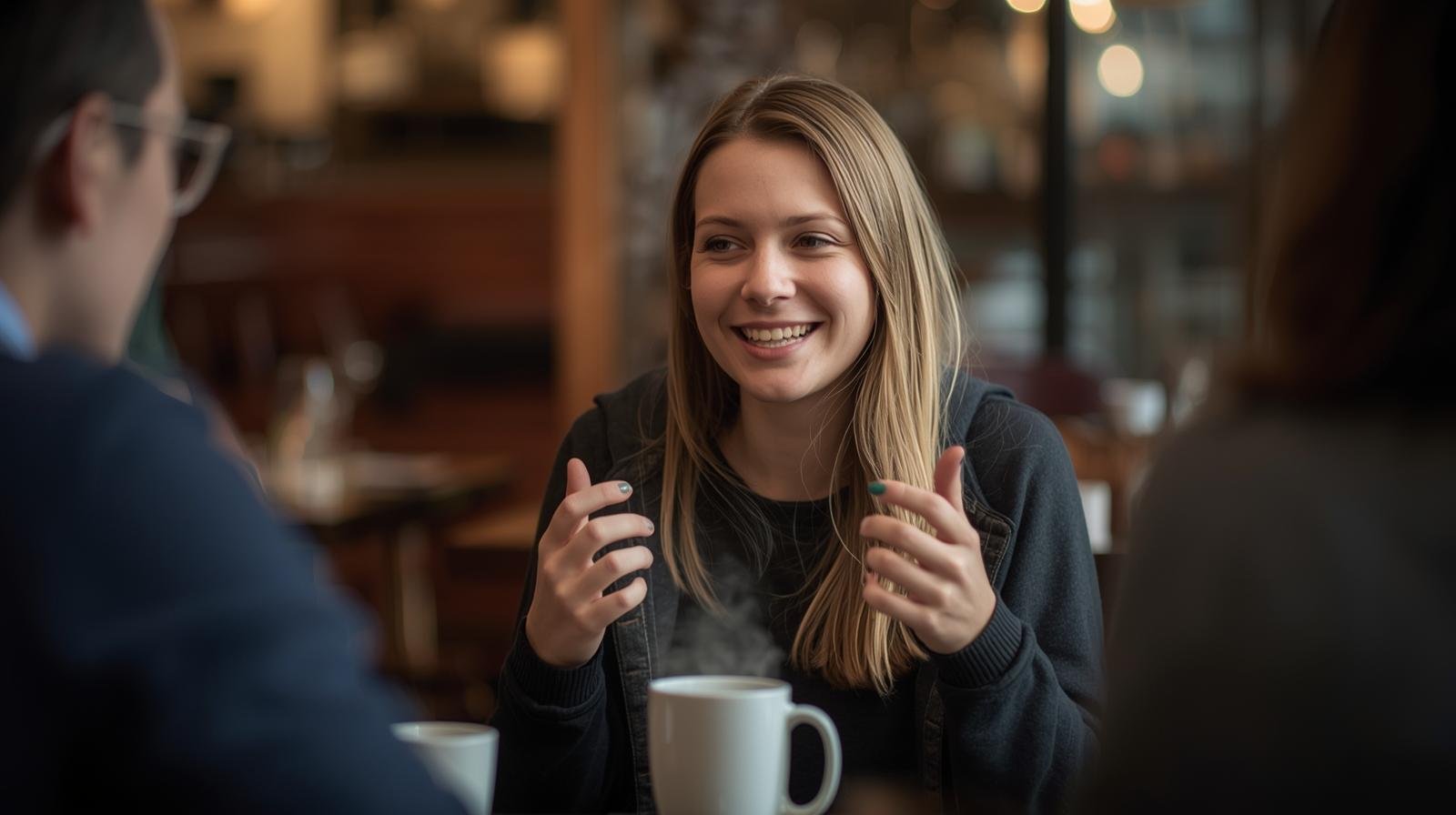  une jeune québécoise souriante assise dans un café, discutant avec un ami, montrant son indépendance et sa convivialité.