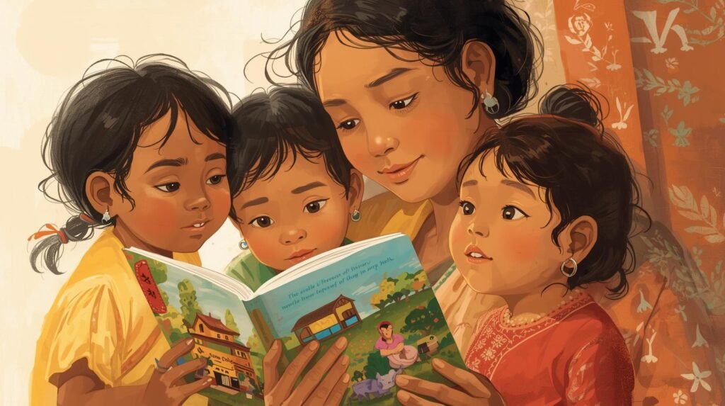 une mère racontant une histoire à ses enfants avec un livre de contes de son pays. (1)