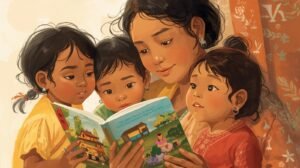 une mère racontant une histoire à ses enfants avec un livre de contes de son pays. (1)