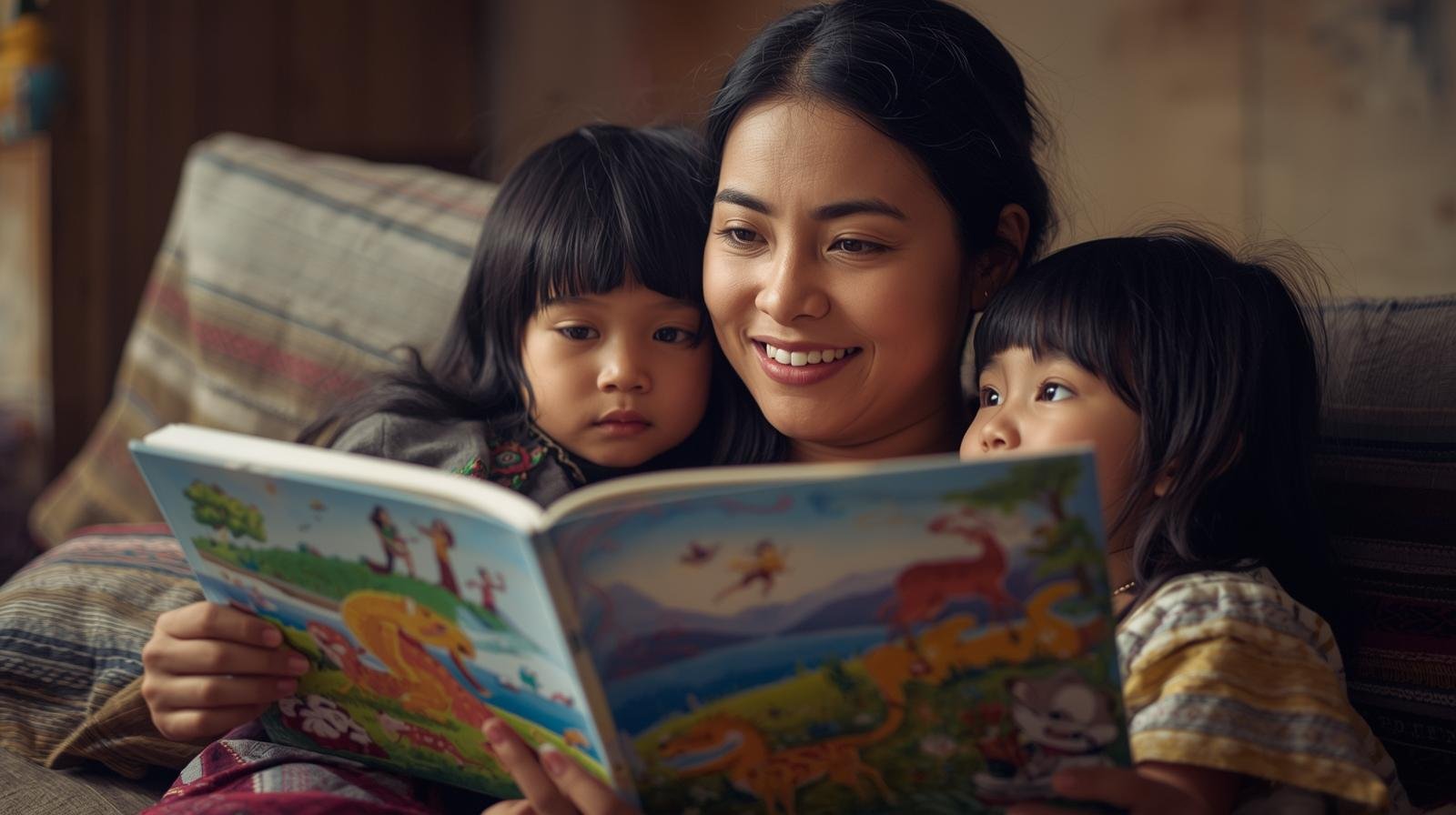 une mère racontant une histoire à ses enfants avec un livre de contes de son pays.