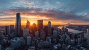 une photo panoramique de montréal au lever du soleil, avec ses gratte ciel,