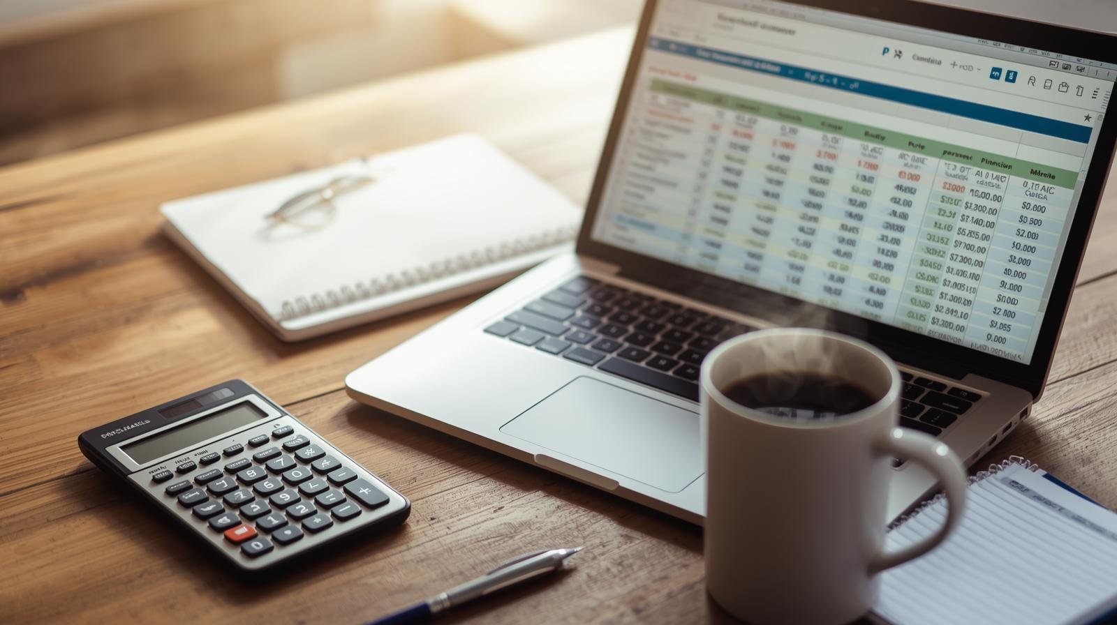 une table avec une calculatrice, un ordinateur portable affichant un tableau de budget en dollars