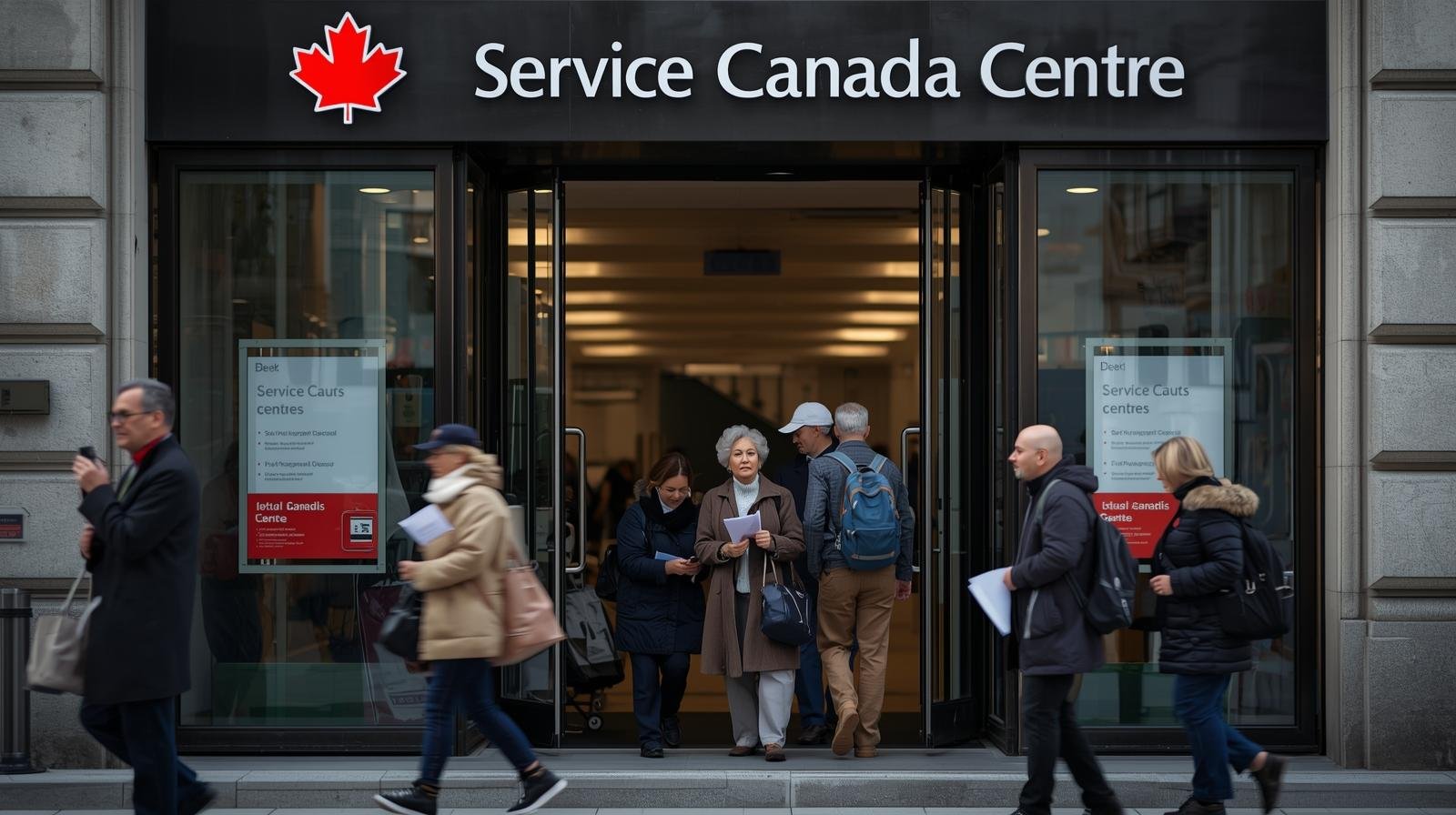 façade d’un centre service canada avec des personnes qui entrent pour obtenir de l’aide concernant leurs prestations.