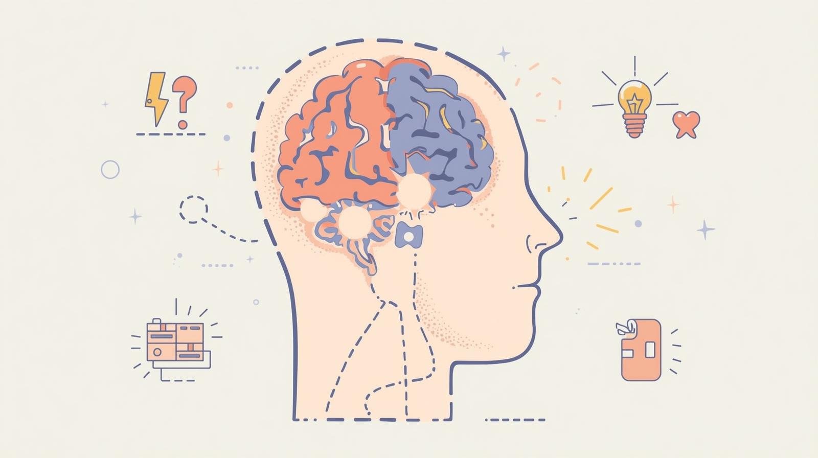 Gestion du stress et santé mentale pour les immigrants au Québec illustration moderne d’un cerveau vu de profil, avec deux zones mises en évidence
