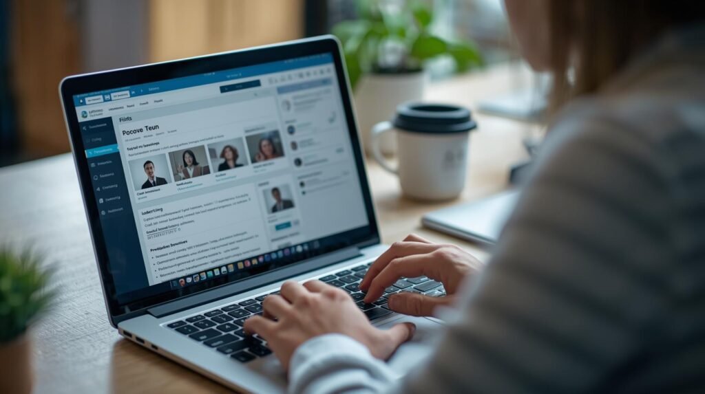 personne concentrée, en train de mettre à jour son cv et consulter des offres d’emploi sur son ordinateur portable.