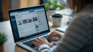 personne concentrée, en train de mettre à jour son cv et consulter des offres d’emploi sur son ordinateur portable.