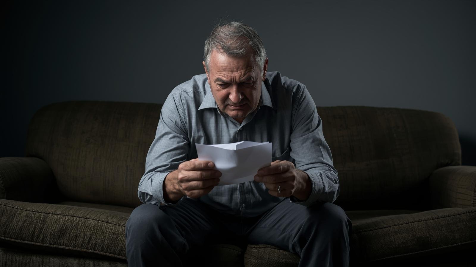 travailleur assis sur un canapé avec un air préoccupé, tenant une lettre de fin d’emploi dans les mains.