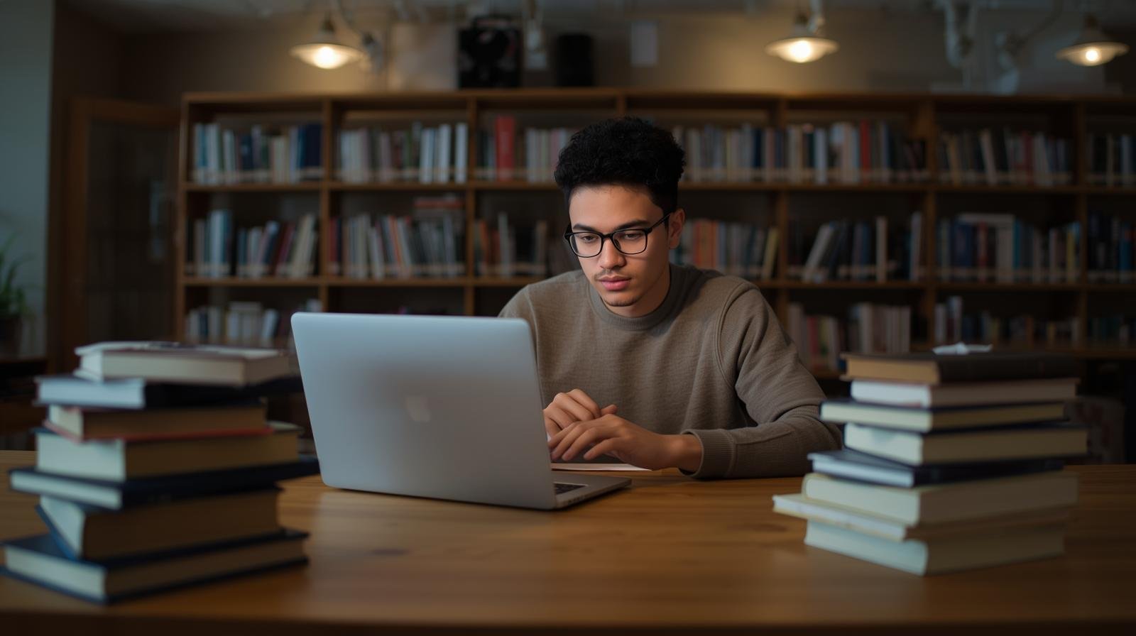 un étudiant étranger assis dans une bibliothèque universitaire à montréal,
