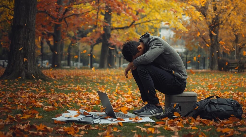 PEQ suspendu au Québec : y a-t-il d’issues possibles pour obtenir la résidence permanente ? un étudiant international assis seul dans un parc au québec, entouré de feuilles d’automne tombantes. i