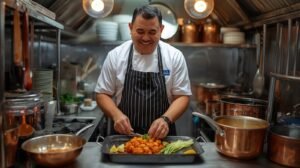un homme en tablier se tient dans une petite cuisine professionnelle. il prépare un plat traditionnel avec soin, entouré d’ustensiles et de casseroles.