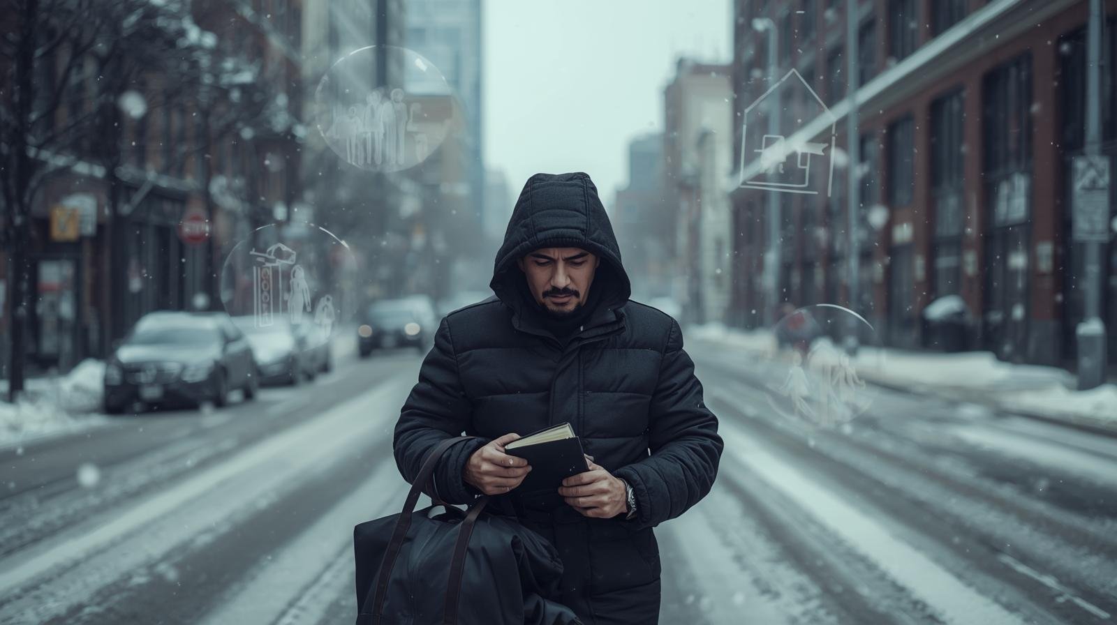 Gestion du stress et santé mentale pour les immigrants au Québec un immigrant adulte debout dans une rue enneigée de montréal, tenant un sac ou un dossier administratif.