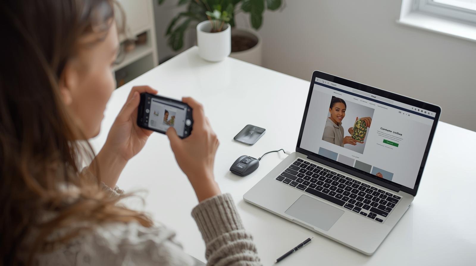un jeune entrepreneur québécois photographiant un produit chez lui pour le vendre en ligne, avec un ordinateur portable et un smartphone posés sur une table — symbole du commerce local moderne en 2025.