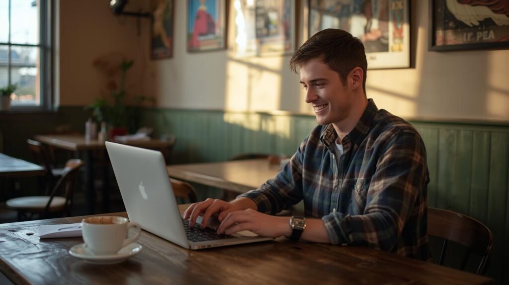 un jeune travailleur québécois souriant, assis à son ordinateur portable dans un café, en pleine mission freelance. (1)