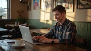 un jeune travailleur québécois souriant, assis à son ordinateur portable dans un café, en pleine mission freelance. (1)