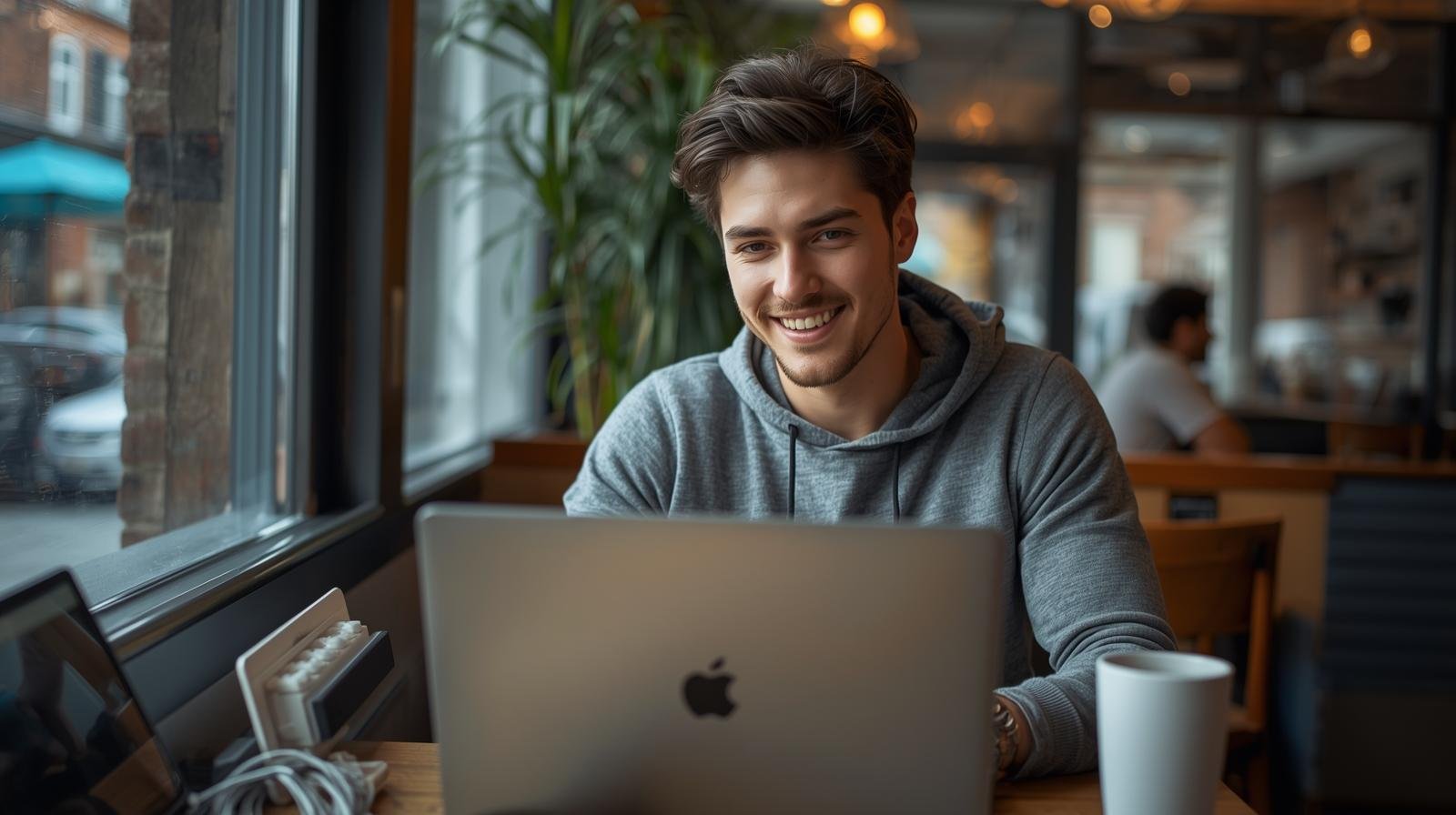un jeune travailleur québécois souriant, assis à son ordinateur portable dans un café, en pleine mission freelance.