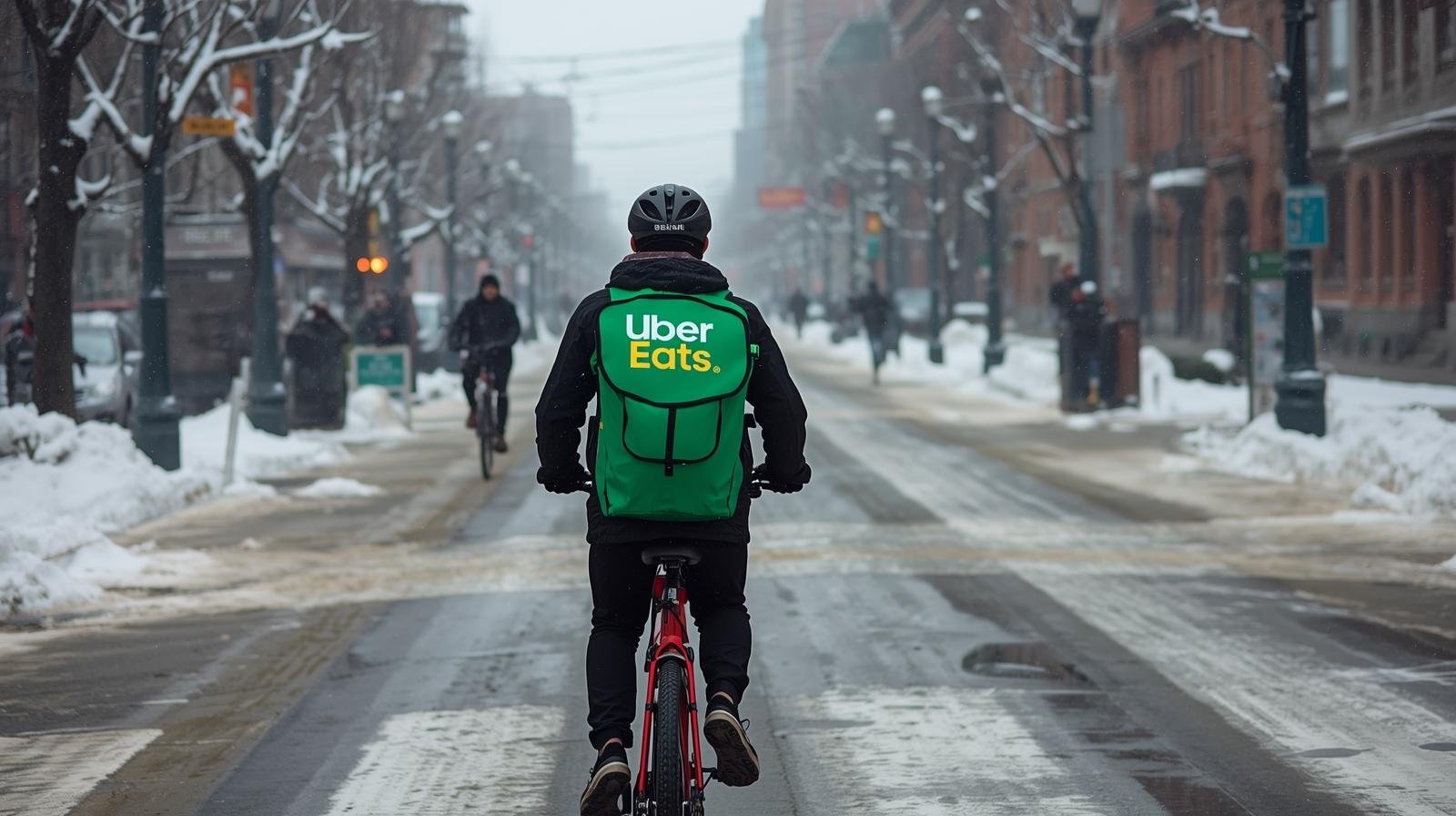un livreur uber eats à vélo dans les rues de montréal, symbole des petits boulots flexibles au québec.