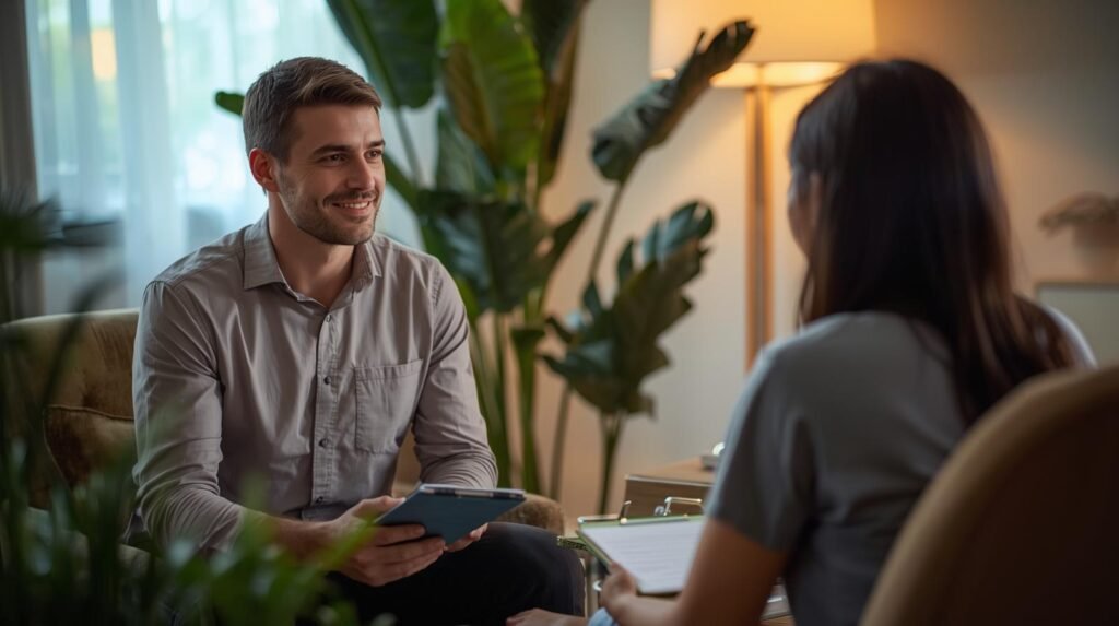 Gestion du stress et santé mentale pour les immigrants au Québec un thérapeute assis face à un immigrant dans un bureau chaleureux.